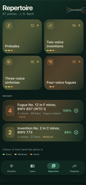 Repertoire screen listing Bach pieces by voice count